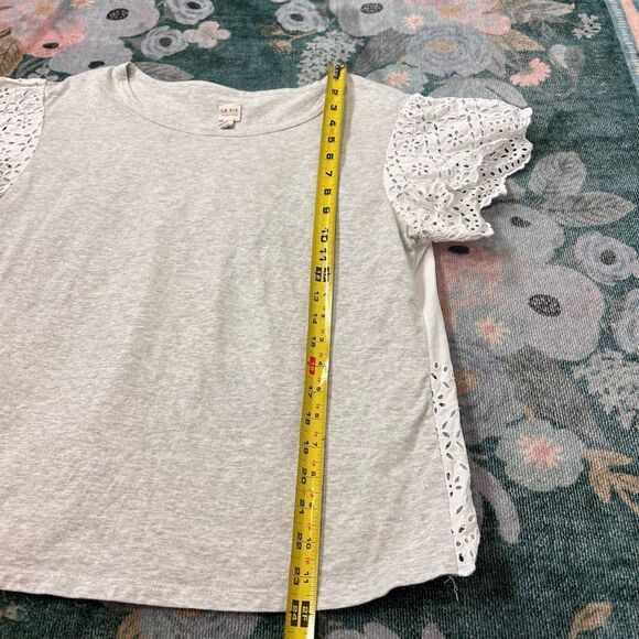 Rebecca Taylor La Vie Top Womens Large Grey Heather White Eyelet Sleeve Crewneck - Picture 10 of 10